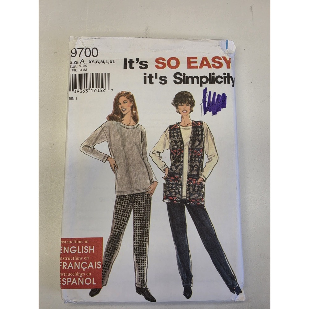 Simplicity It's So Easy #9700 Pants Top Vest Size A = XS S M L XL